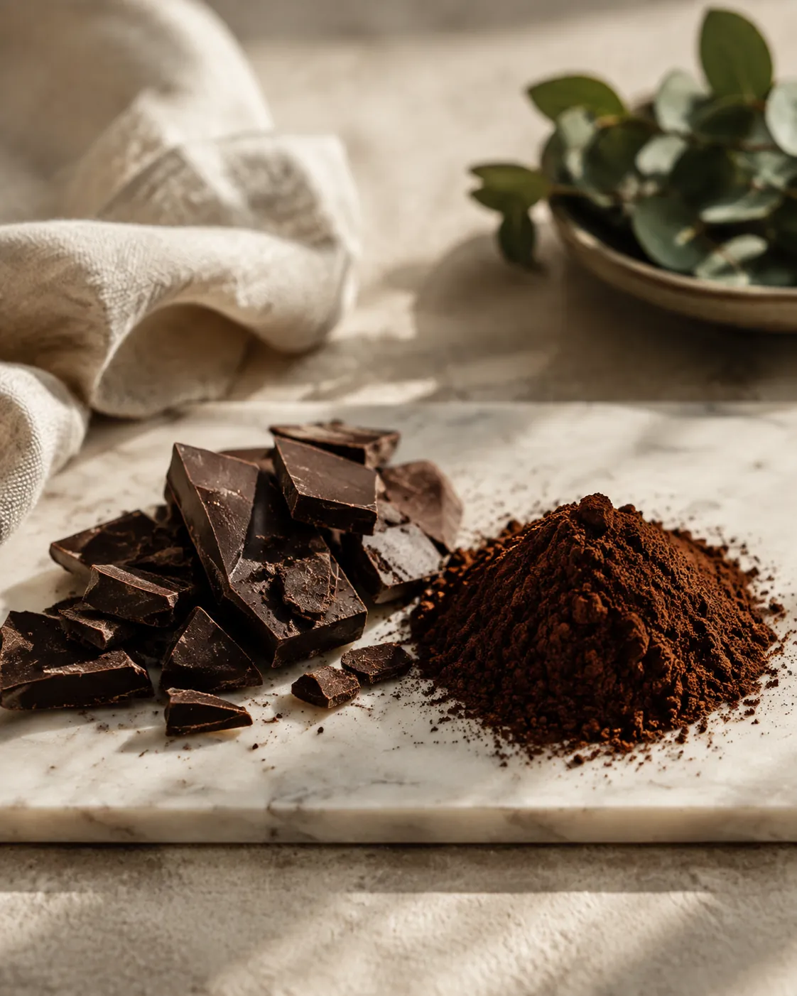 A dark chocolate bar snapped into rough shards on a marble slab beside a small heap of dark cocoa powder