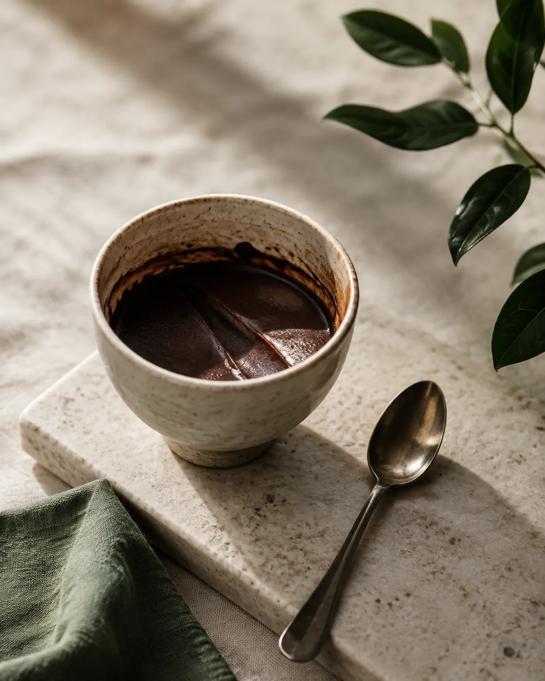 A half-finished cup of dark drinking chocolate gone cool, a dull skin across the surface with a spoon track cut through it