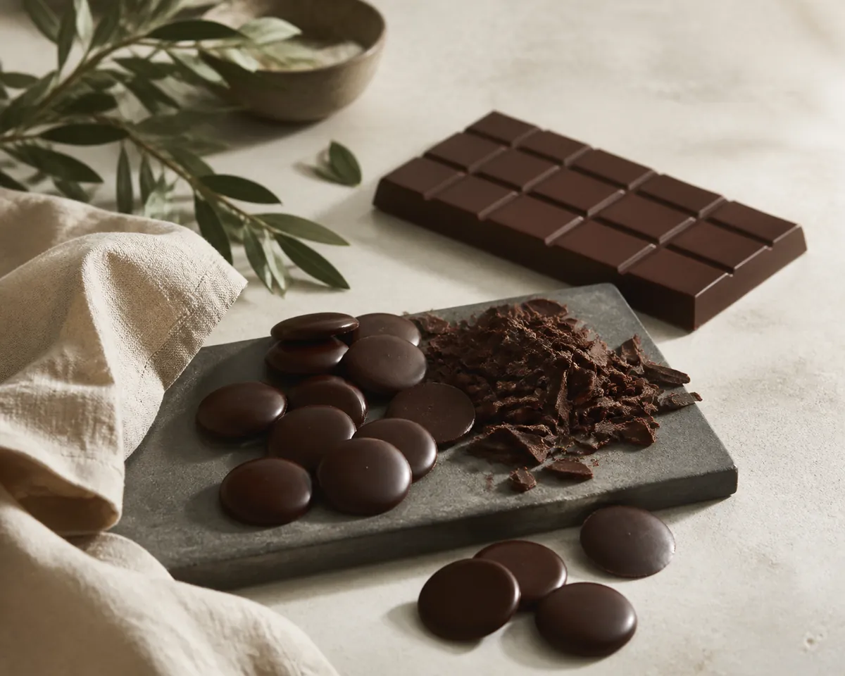 Glossy dark couverture discs scattered beside a pile of hand-chopped chocolate and one plain unwrapped bar on a stone board