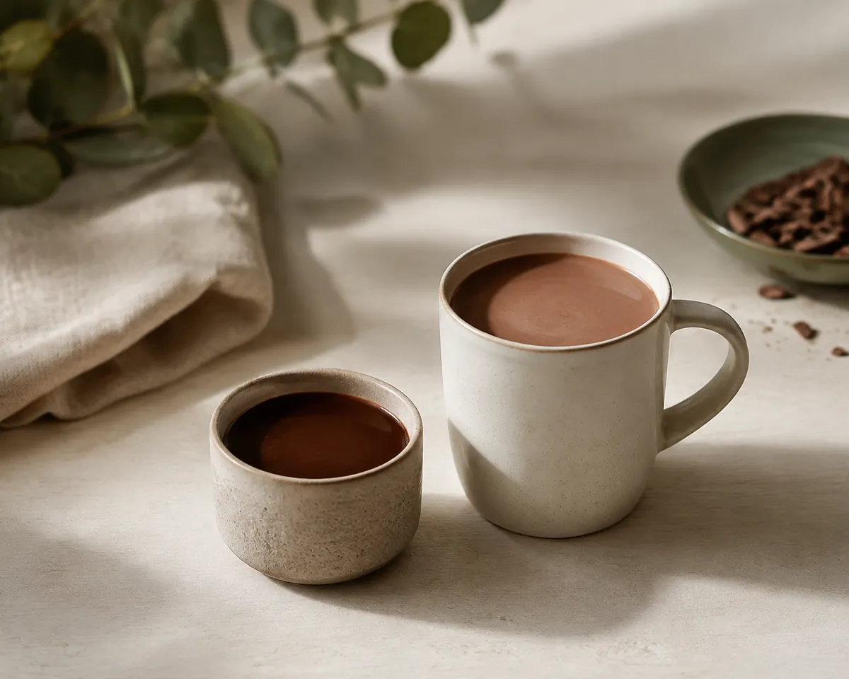 A small thick-walled cup of dark drinking chocolate standing beside a tall pale mug of lighter cocoa on a wooden table