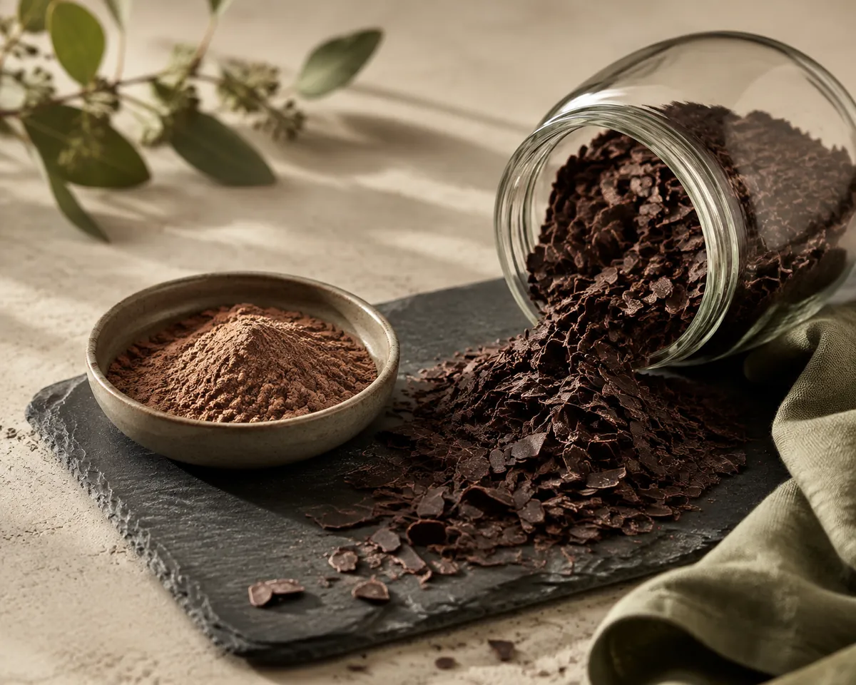 A heap of dark chocolate flakes in an open glass jar beside a dish of pale brown sweetened cocoa mix on a slate board