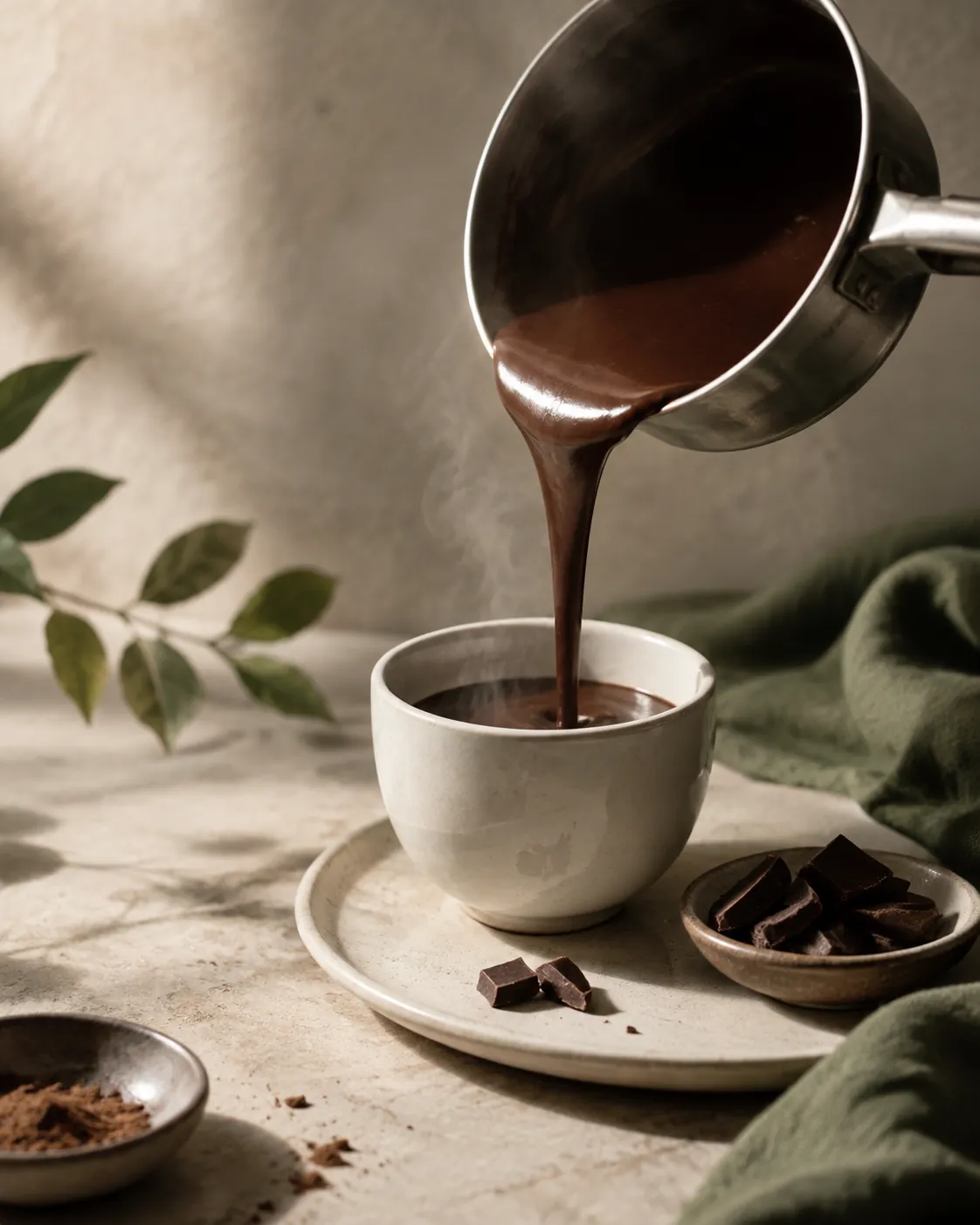 Thick dark chocolate being poured in a slow ribbon from a small pan into a white cup on a stone surface