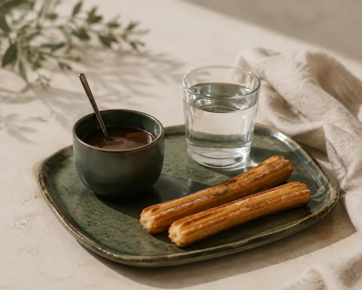 A small thick-walled white cup of dark drinking chocolate with a spoon standing upright in it, a glass of water and two churros on the same tray