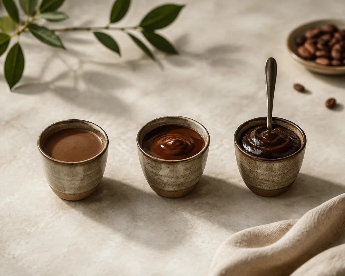 Three small cups of chocolate drink in a row, the left thin and pourable, the middle glossy and coating, the right thick enough to hold a spoon upright