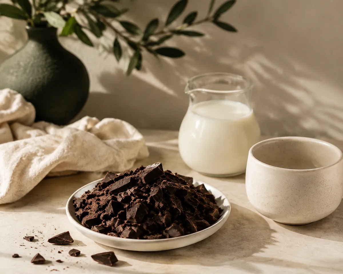 A mound of roughly chopped dark chocolate on a small white dish beside a little jug of milk and an empty handleless cup
