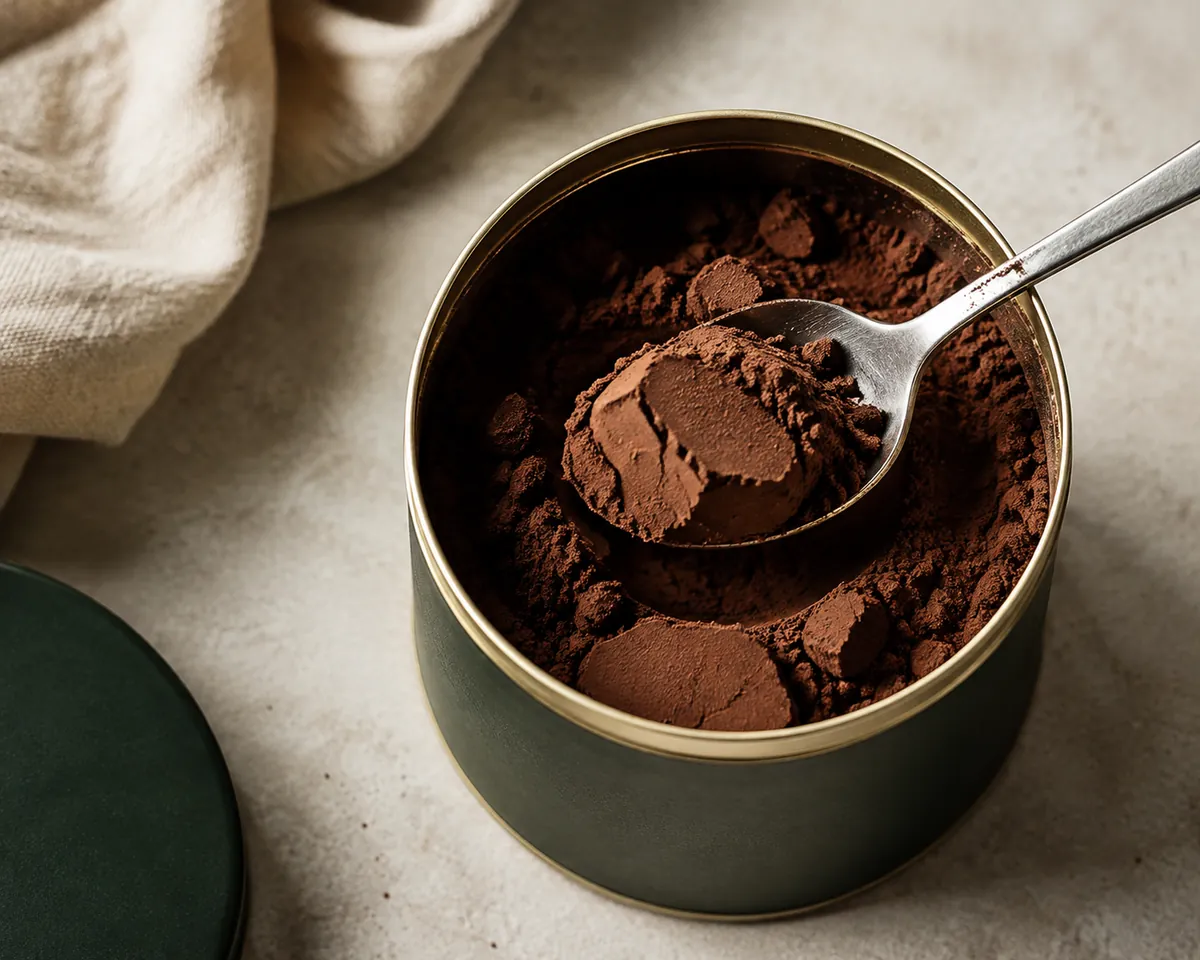 An open tin of dark cocoa powder set into hard lumps, a spoon lifting one clump clear of the loose powder around it