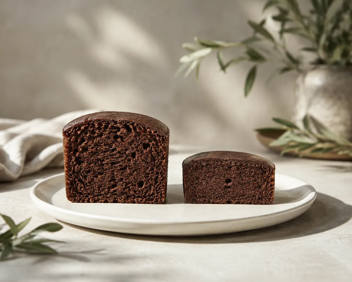 Two small chocolate cakes cut in half side by side, the left risen with an open airy crumb and the right flat and densely packed