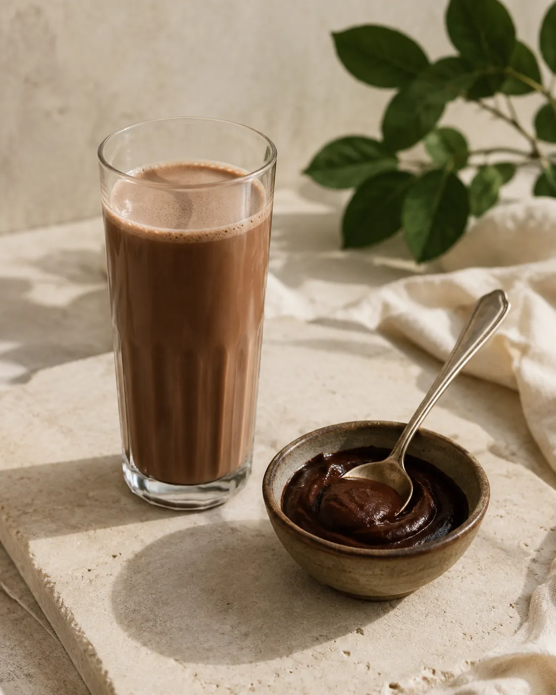 A tall glass of cold chocolate milk beside a small bowl holding a dark glossy cocoa paste and a spoon