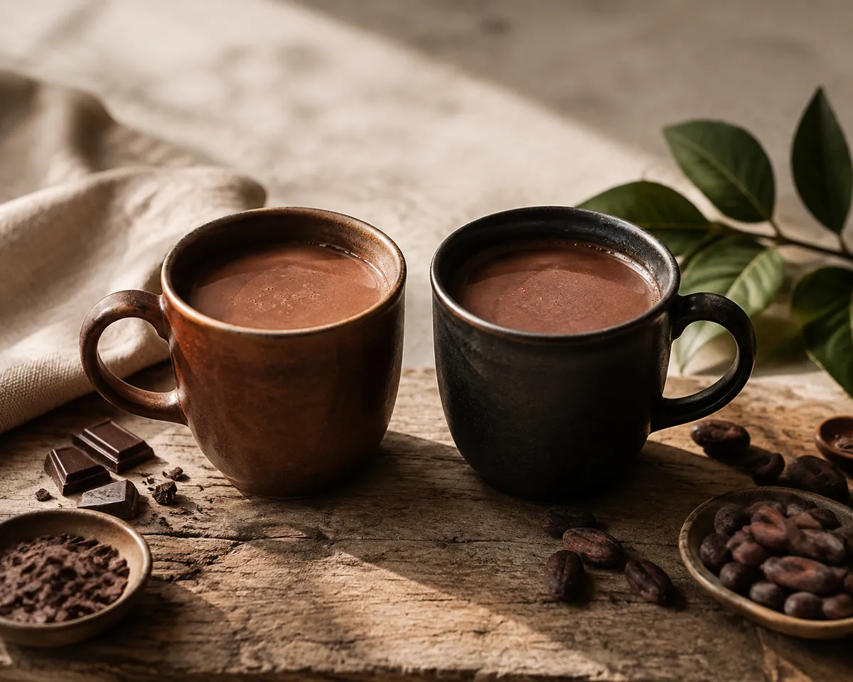 Two mugs of hot chocolate side by side on warm wood, the left a lighter reddish brown and the right almost black