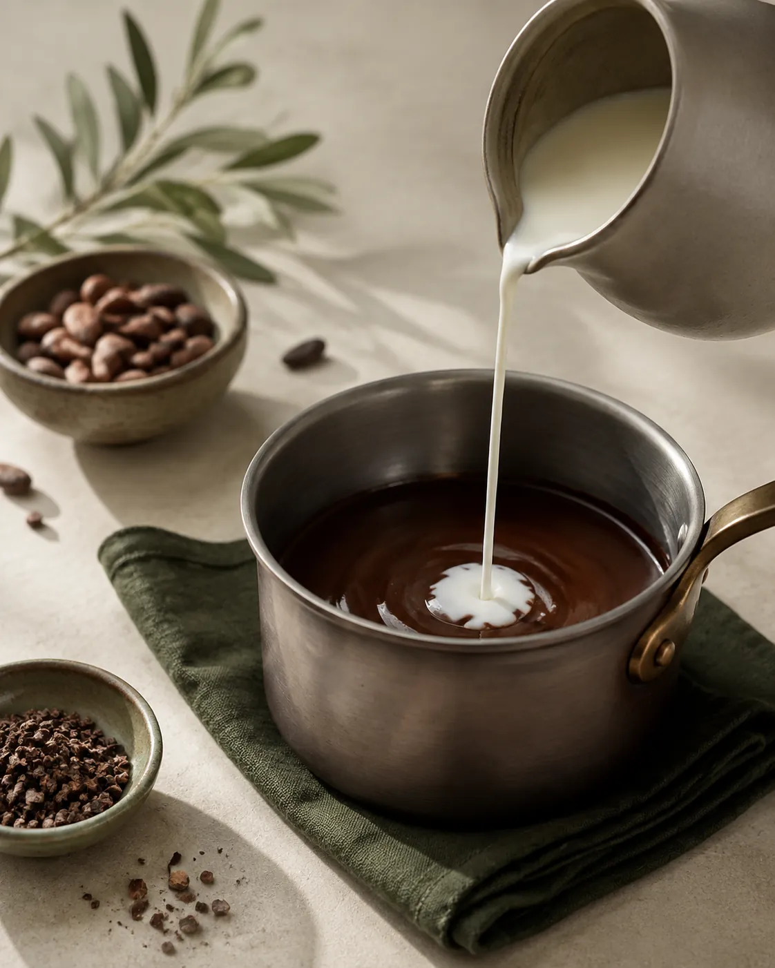 A saucepan with a smooth dark cocoa paste at the bottom and a jug of milk being poured in slowly