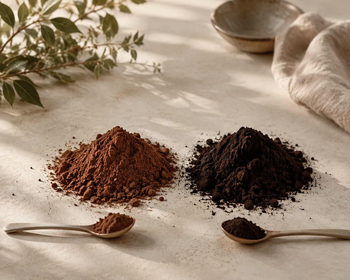 Two mounds of cocoa powder side by side on pale stone, the left light reddish-brown and the right very dark brown