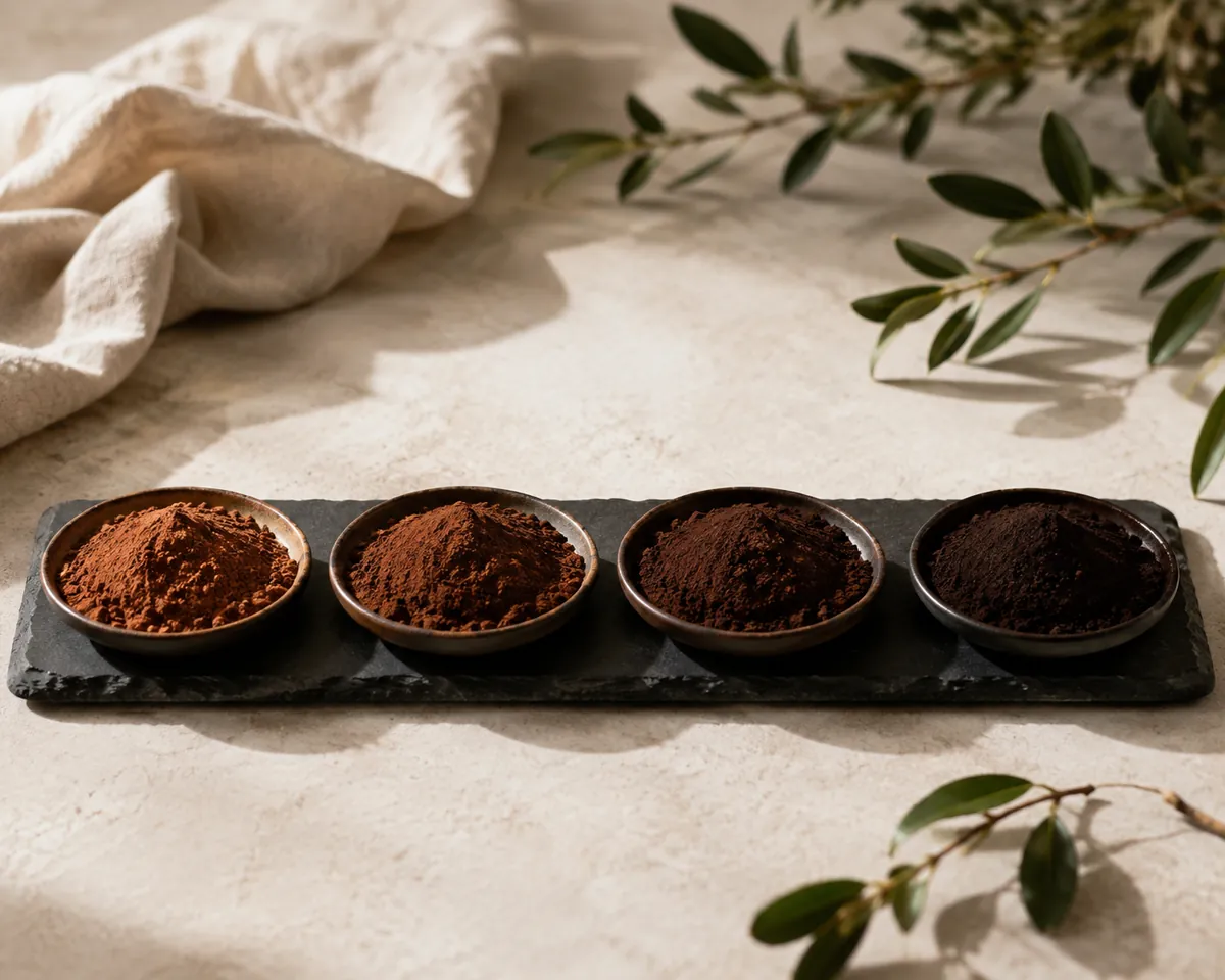 Four small dishes of cocoa powder in a row on dark slate, graded from light reddish-brown through to almost black