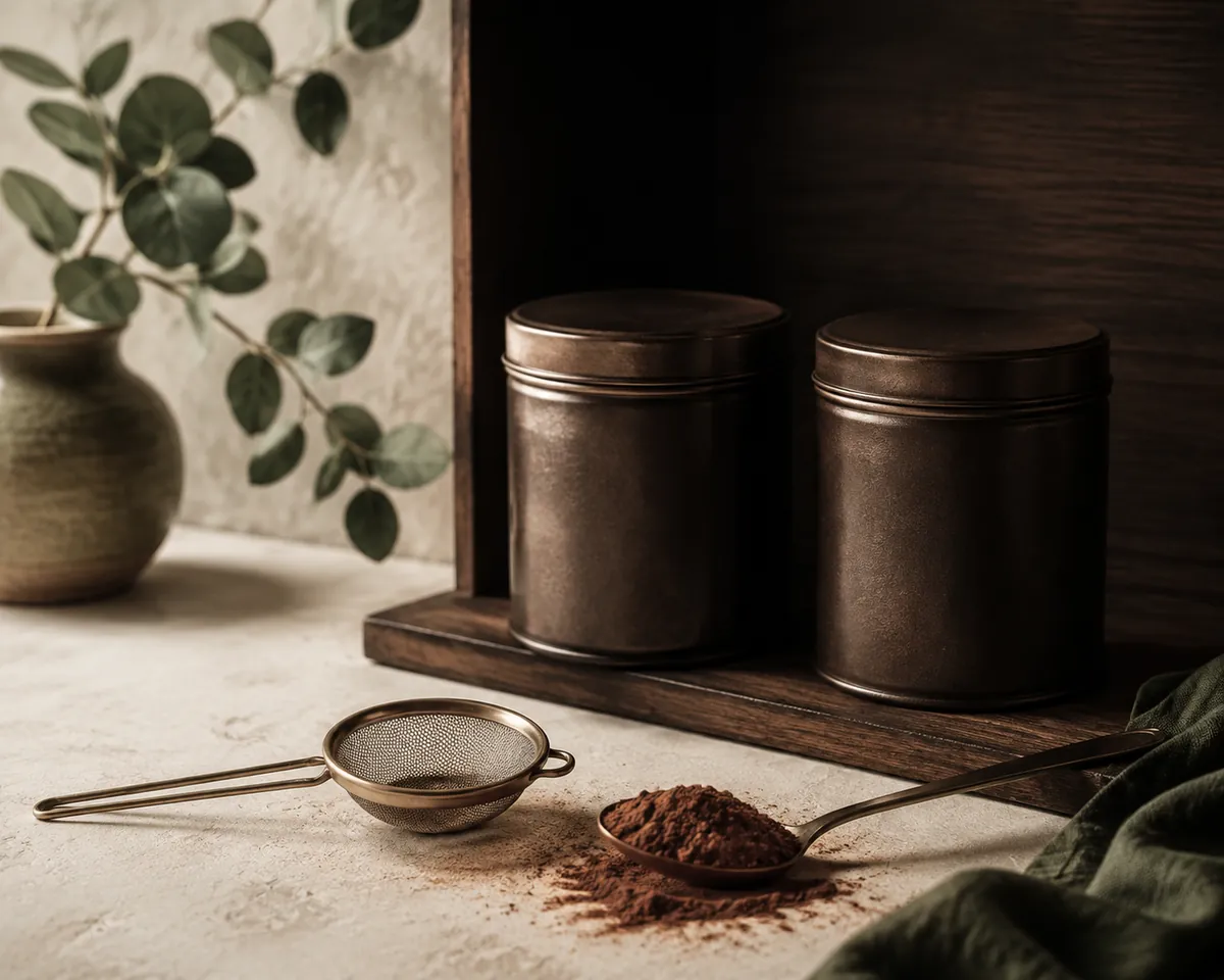 Two sealed cocoa tins on a dark shelf with a fine sieve and a spoon of loose powder resting beside them
