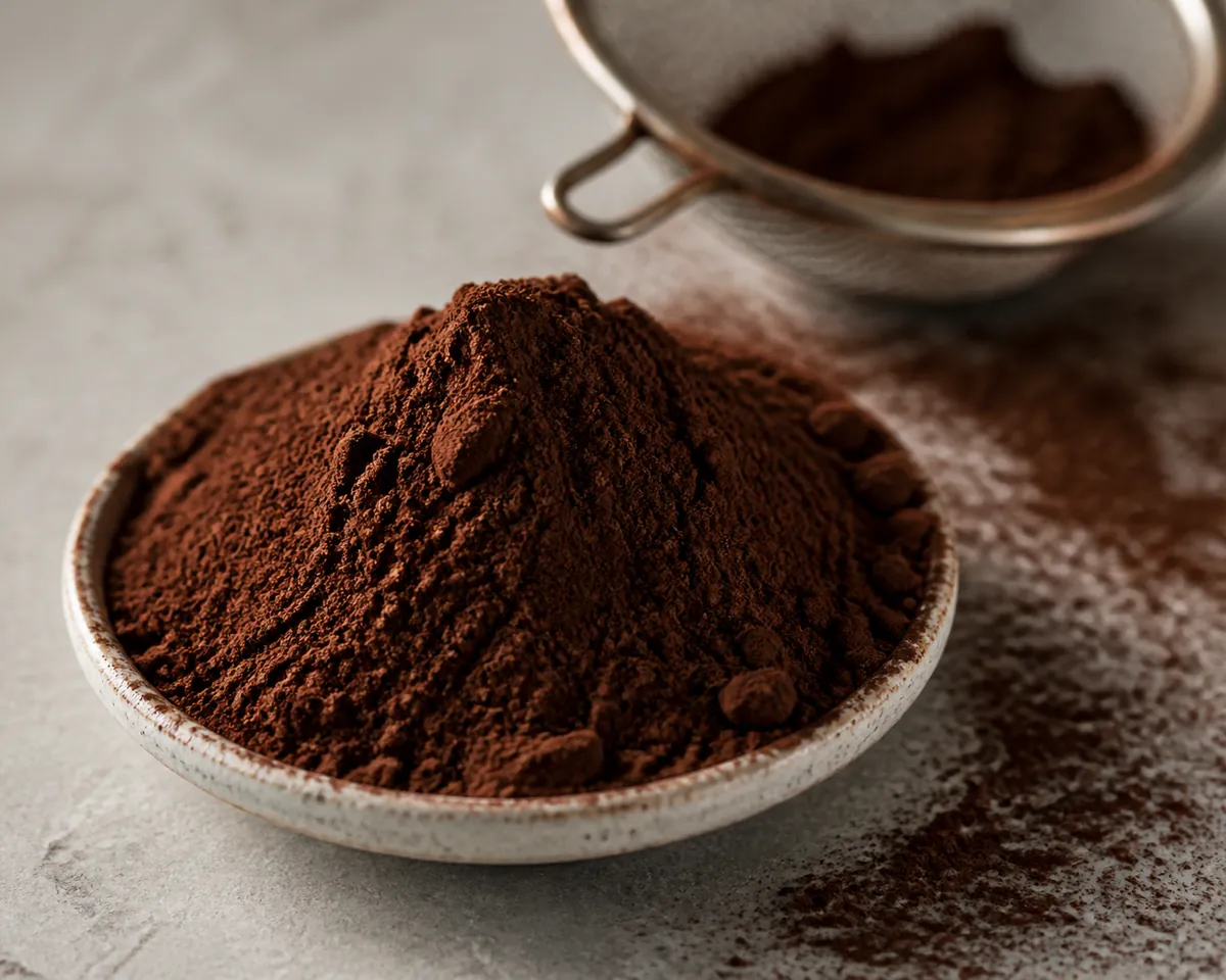 Dark reddish-brown Dutch-process cocoa powder heaped in a small dish on a pale stone surface