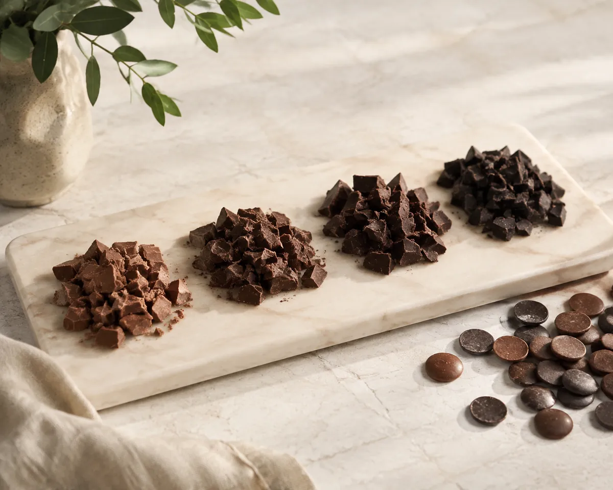 Four heaps of chopped chocolate in a row on a marble slab, running from pale milk chocolate through mid brown to almost black