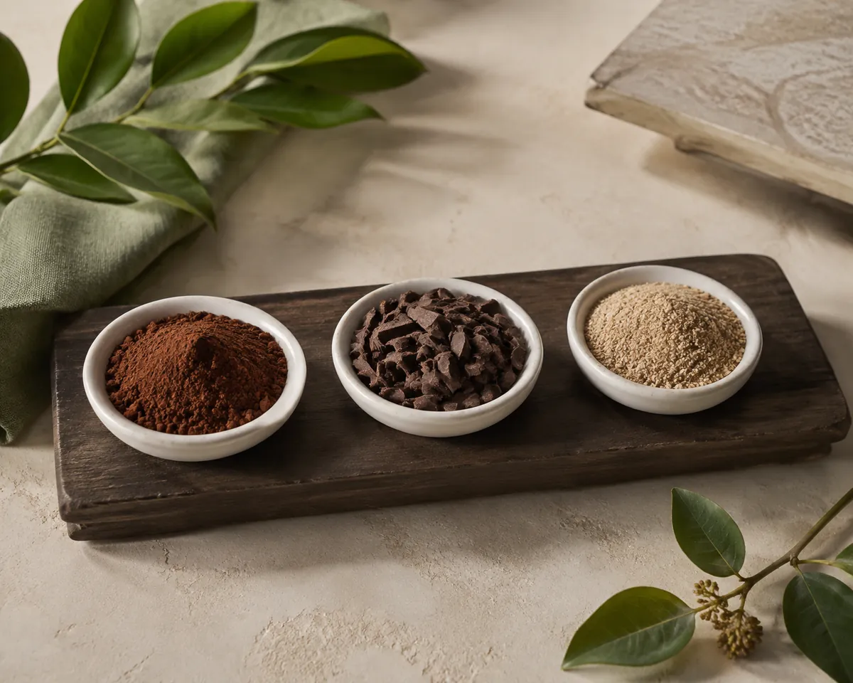 Three small dishes on a wooden board holding fine dark cocoa powder, roughly chopped dark chocolate and a pale beige instant mix