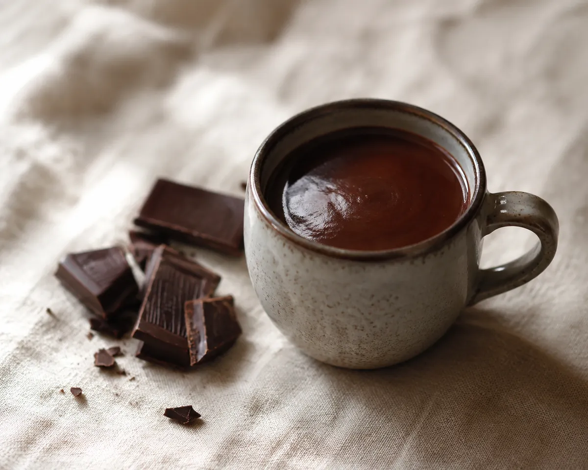 A mug of thick dark hot chocolate on a pale stone surface beside broken pieces of dark chocolate
