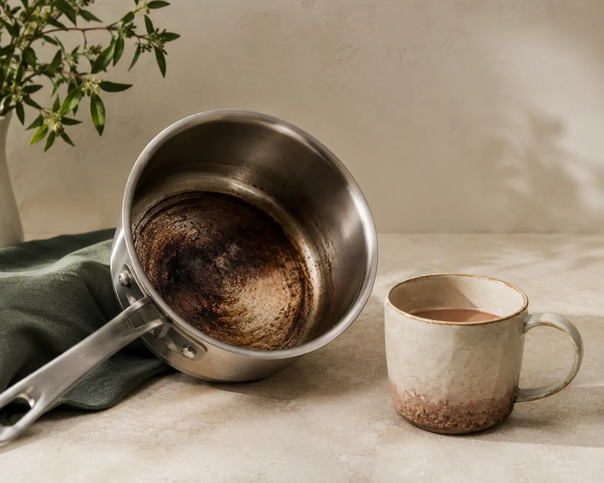 An empty saucepan tilted to show a scorched dark ring baked onto its base, beside a mug of cocoa with grainy sediment settled at the bottom