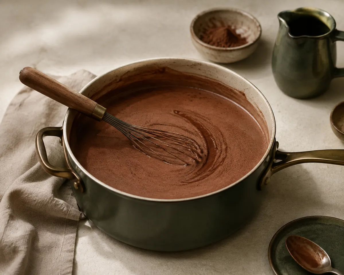 A wide saucepan of cocoa on a hob being whisked, enough for several mugs, with a whisk trail visible