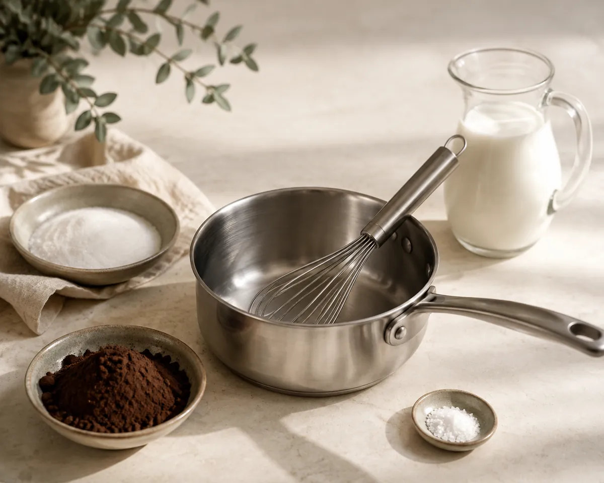 A dish of dark cocoa powder, a dish of sugar, a small bowl of salt and a jug of milk set around an empty pan with a whisk in it