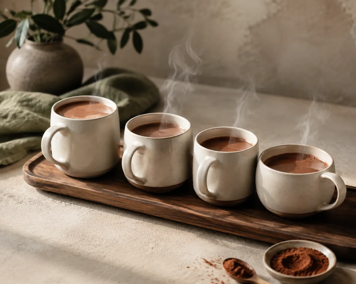Four mugs of cocoa lined up on a wooden tray, filled to different levels, steam rising