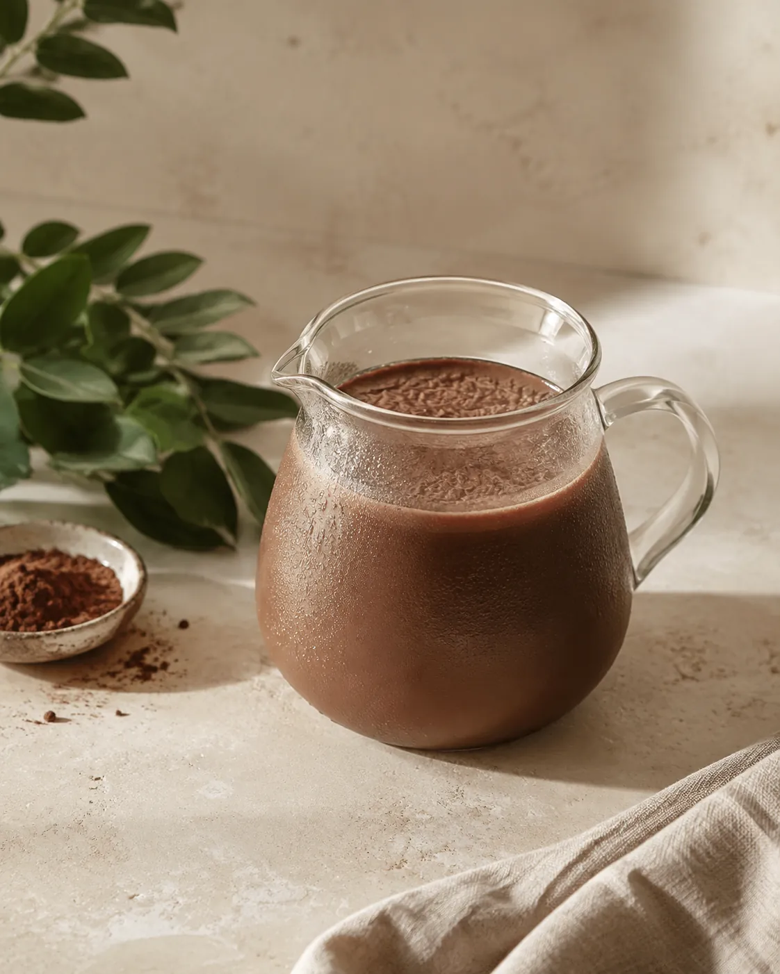 A glass jug of made cocoa standing chilled with a thin skin formed across the surface