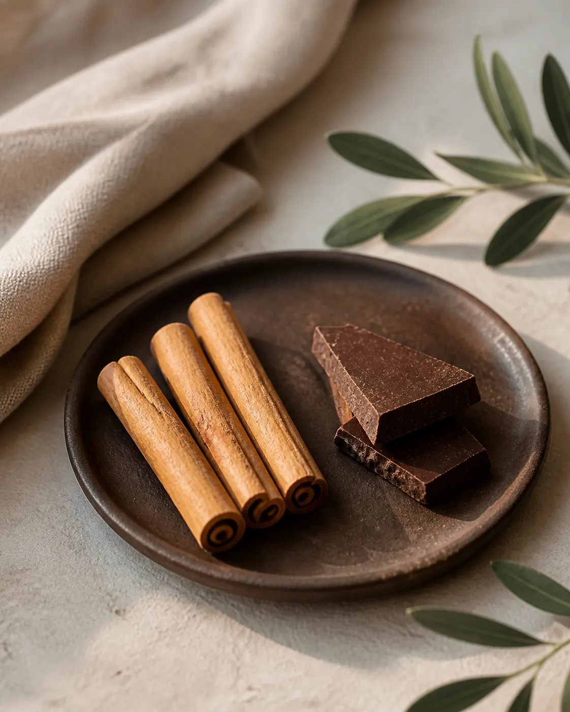 Three thin pale tan cinnamon quills of many papery layers lying beside broken segments of a rough chocolate tablet on a clay plate