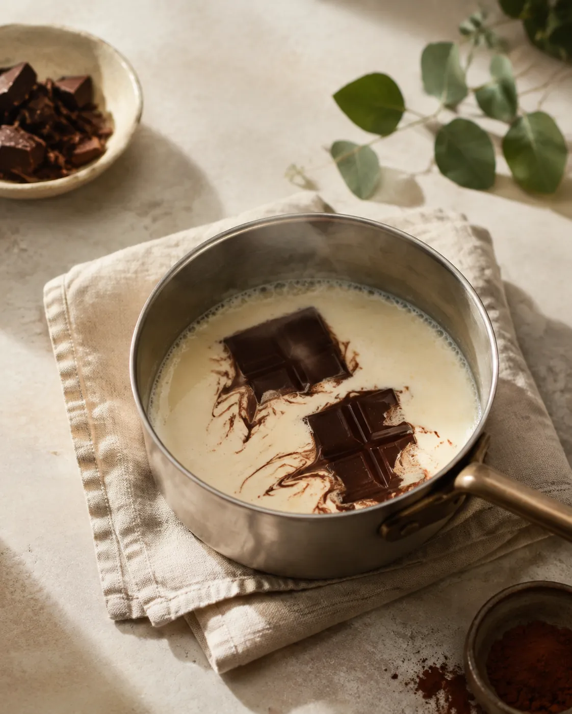 Broken segments of chocolate tablet half melted into steaming milk in a small pan, dark streaks trailing off them