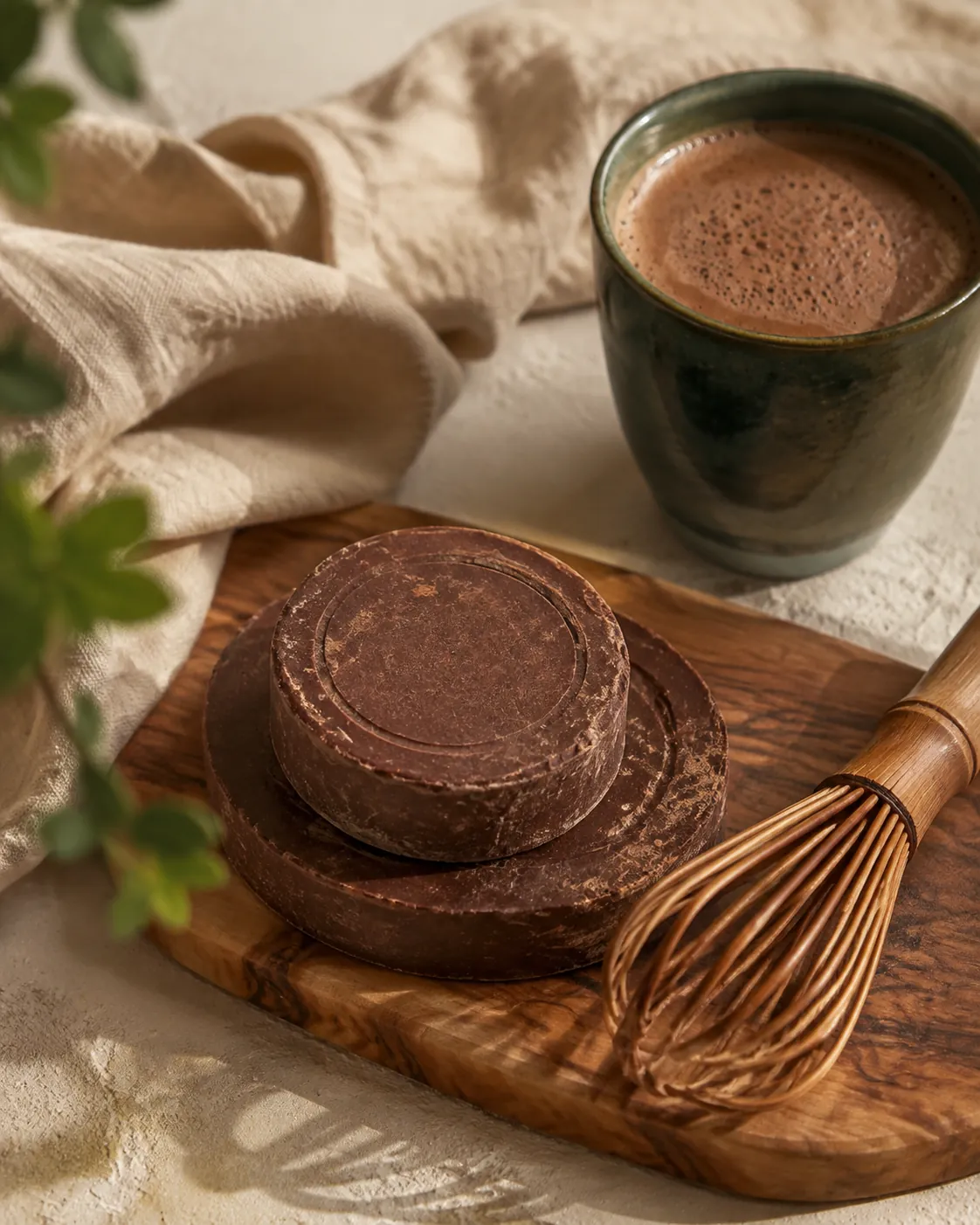 Stacked discs of grainy chocolate beside a wooden whisk and a mug of frothy cocoa