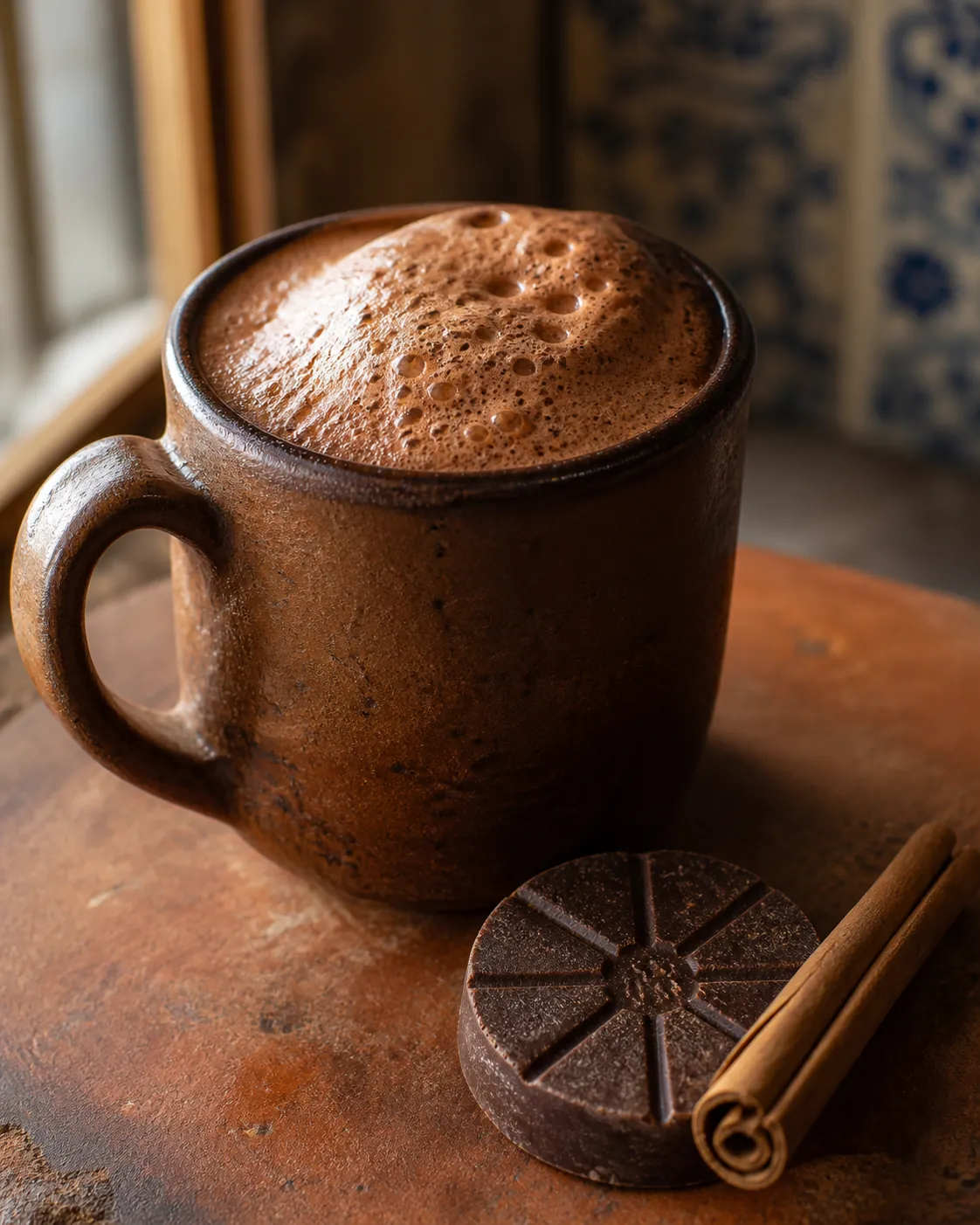 A mug of foamy Mexican hot chocolate beside a round pressed chocolate tablet and a cinnamon stick