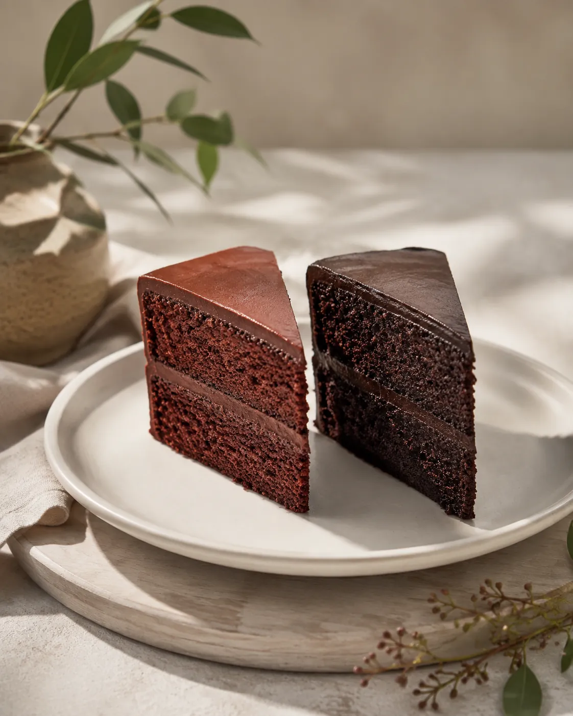 Two slices of chocolate cake standing side by side on a white plate, the left with a reddish-brown crumb and the right a plain dark brown one