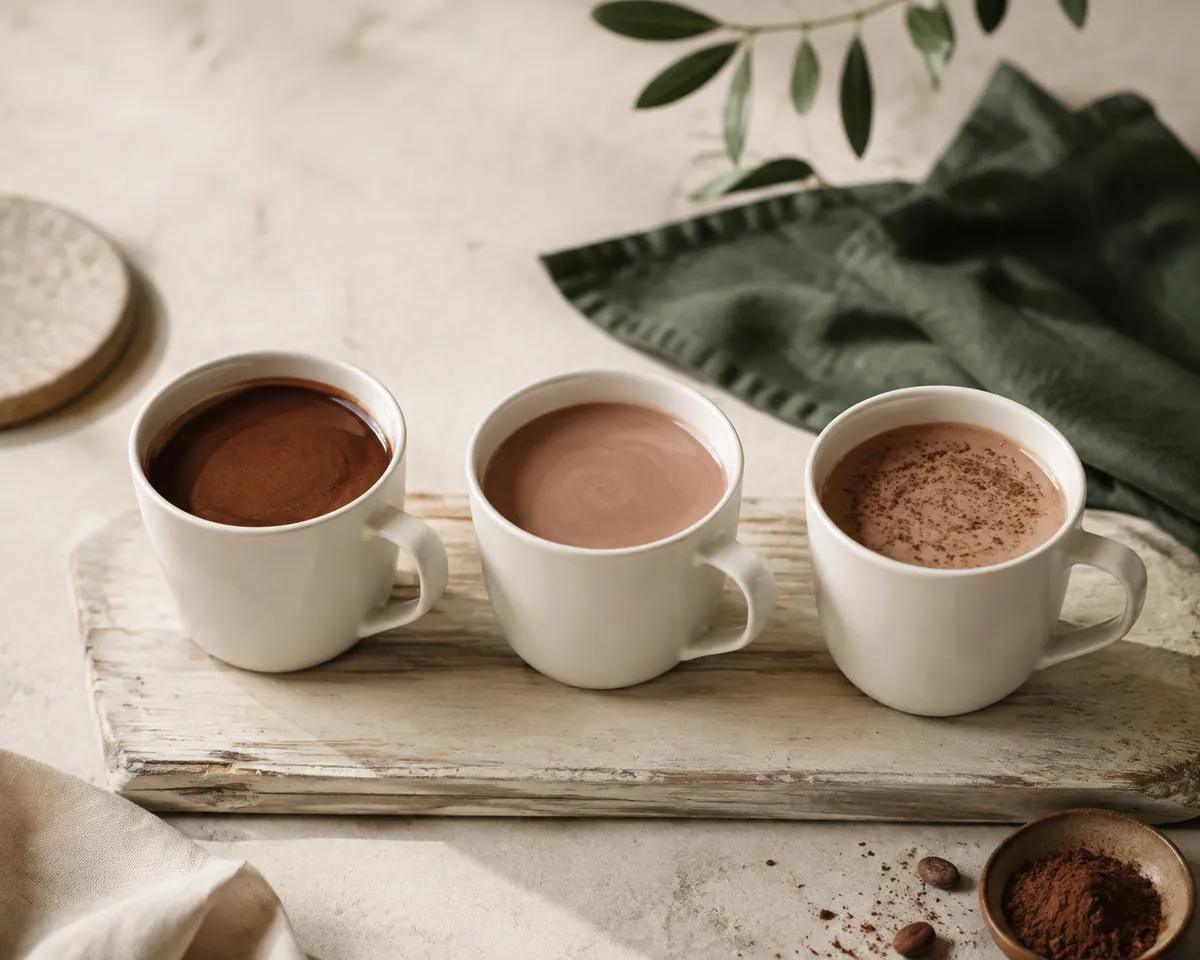 Three white mugs in a row, the first holding dark cocoa made with water, the second a paler cocoa made with milk, the third a grainy separated cup made with a plant drink