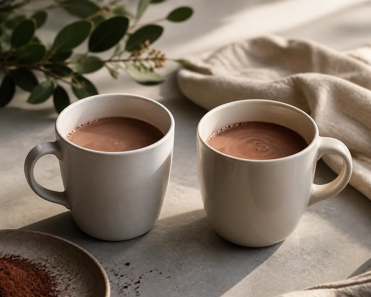 Two white mugs of cocoa made with water side by side, the left thin and matte, the right darker with a glossy surface