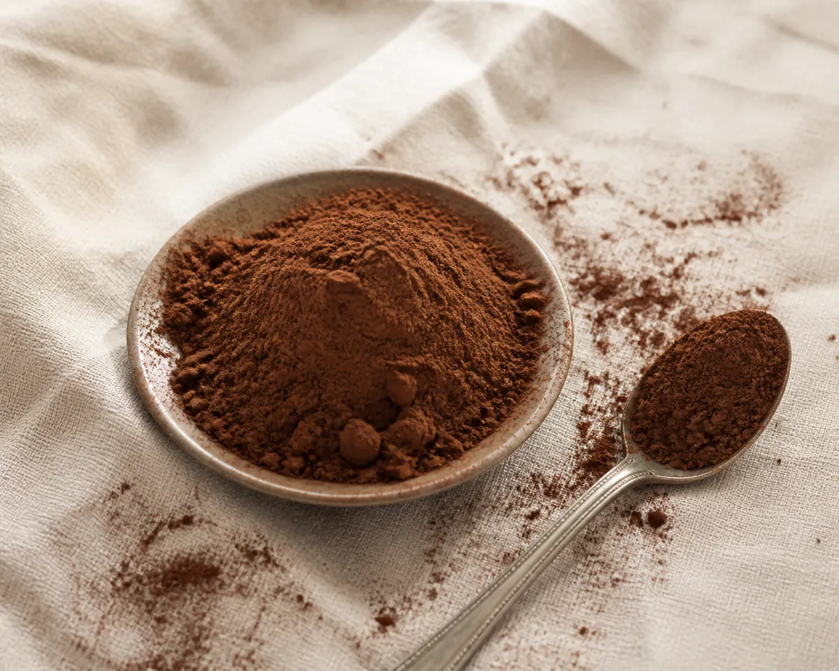 Light reddish-brown natural cocoa powder heaped in a small dish on a pale stone surface
