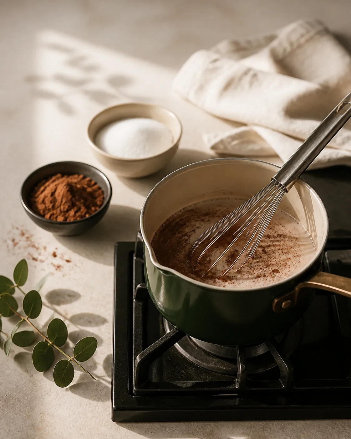 Hot cocoa being whisked in a saucepan