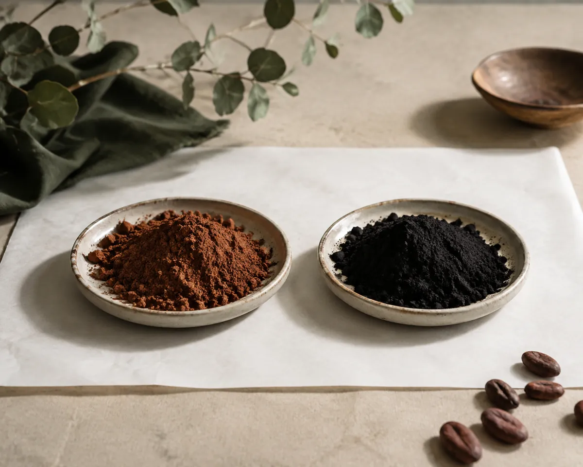 Two dishes of cocoa side by side, the left mid brown and the right almost pure black