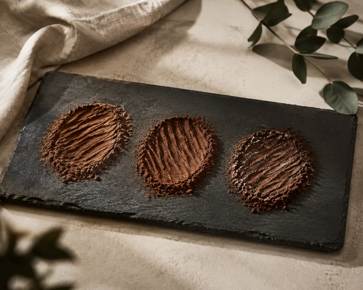 Three heaps of cocoa powder raked flat, the right visibly glossier and clumping where the fat content is higher