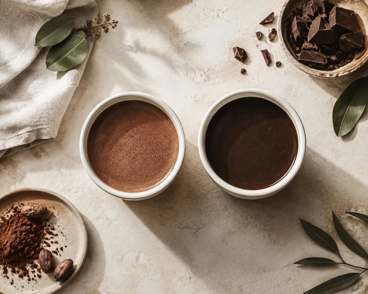 Two cups of cocoa seen from above, the left redder and sharper looking and the right darker and smoother