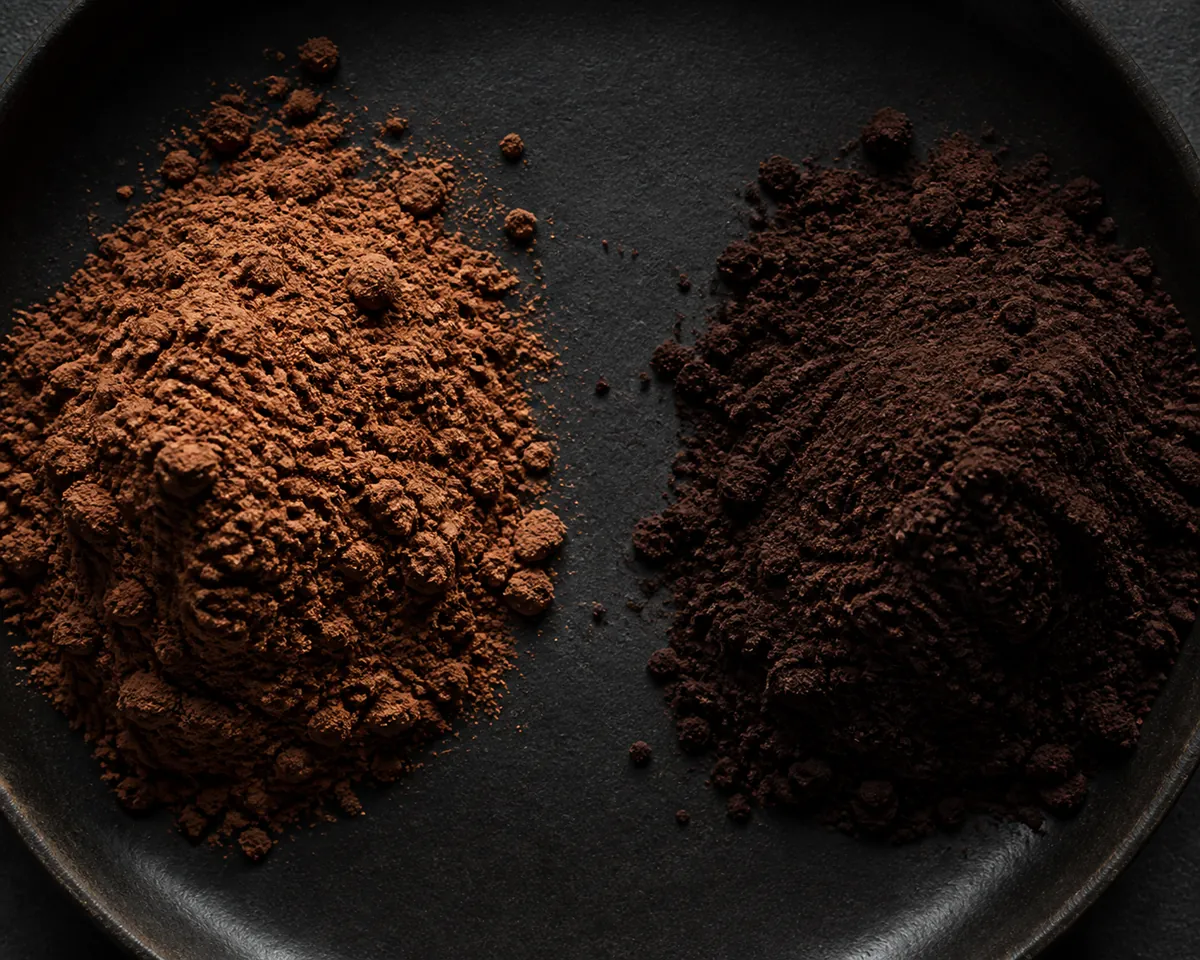 Two piles of cocoa powder side by side on a dark dish, the left a light reddish-brown and the right a deep dark brown