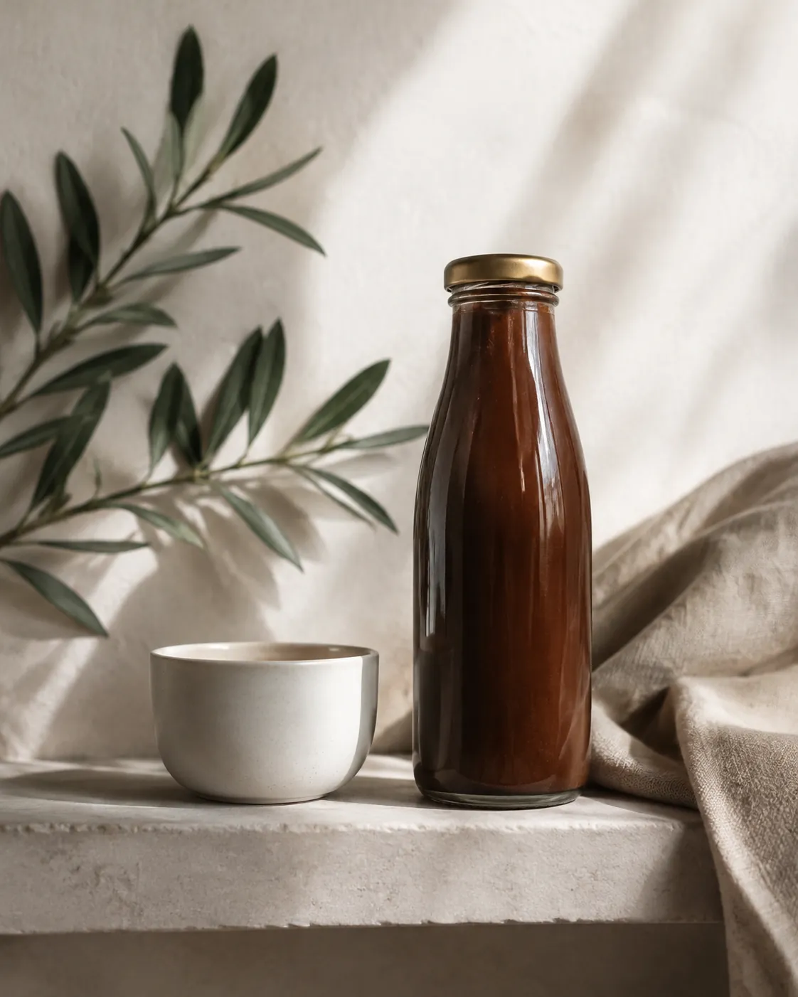 A sealed glass bottle of thick chocolate base standing chilled beside an empty cup