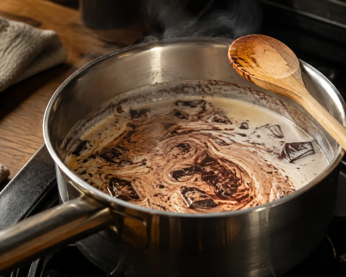 Chopped dark chocolate melting into warm milk in a saucepan with streaks of dark chocolate through the pale milk