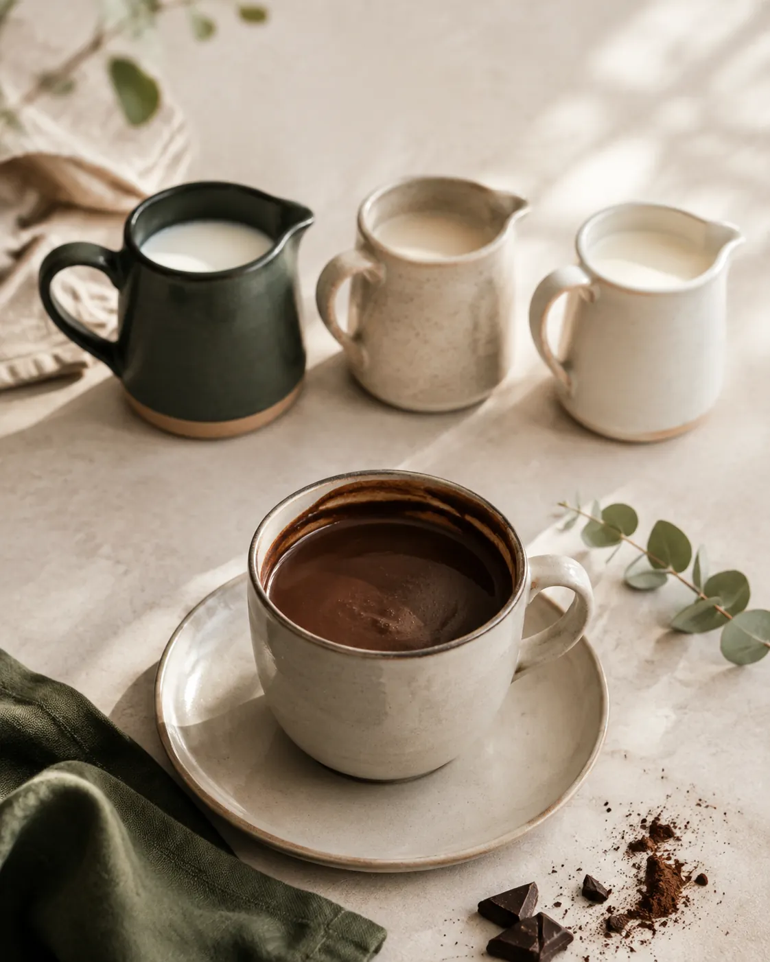 Three small jugs of different milks arranged behind a finished cup of hot chocolate