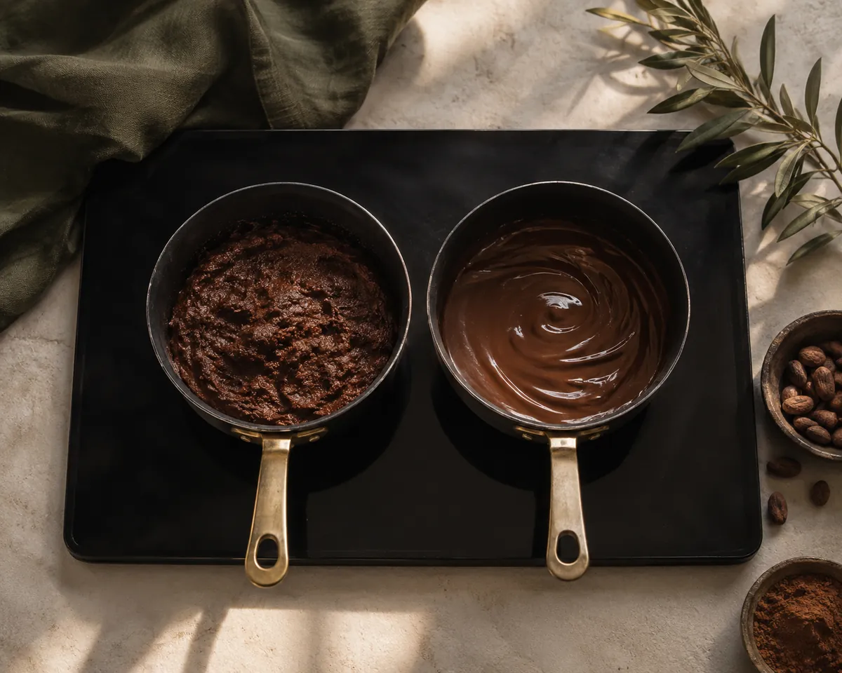 Two pans off the heat, the left holding chocolate seized into a dull grainy paste and the right smooth and glossy