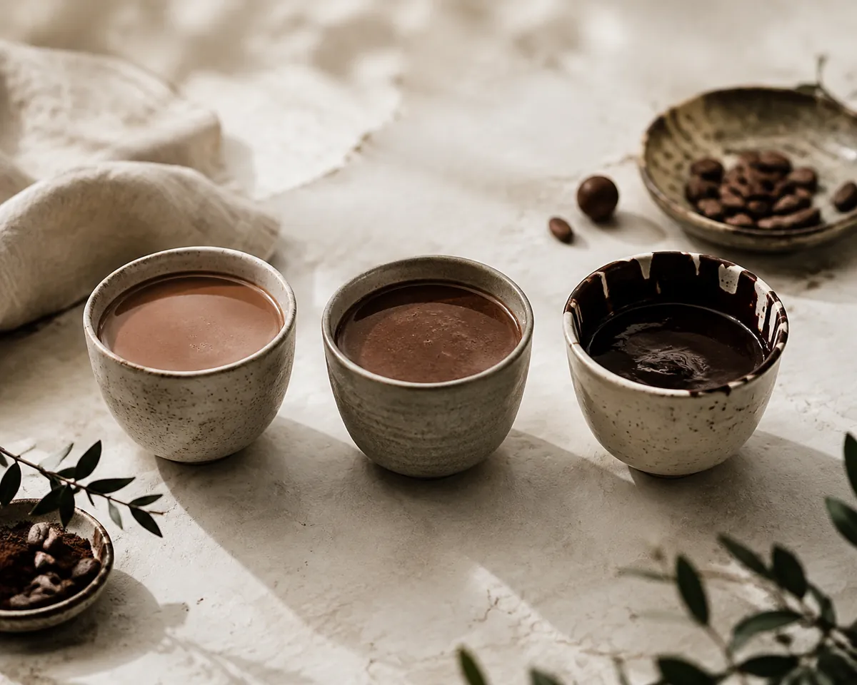 Three cups of hot chocolate in a row, the left thin and pale, the middle mid-brown, the right almost black and coating the cup