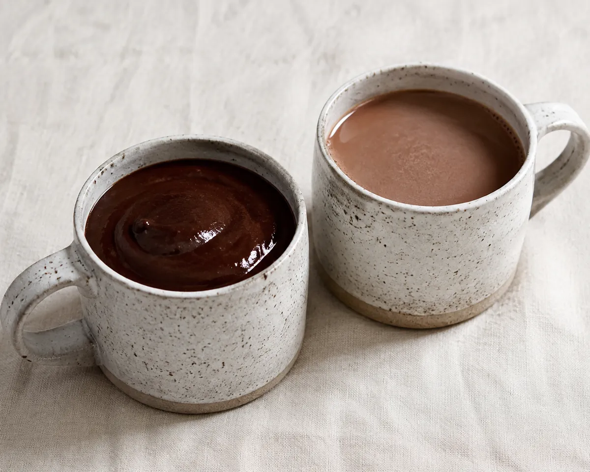 Two mugs side by side, one holding thick glossy dark hot chocolate and the other lighter thinner hot cocoa