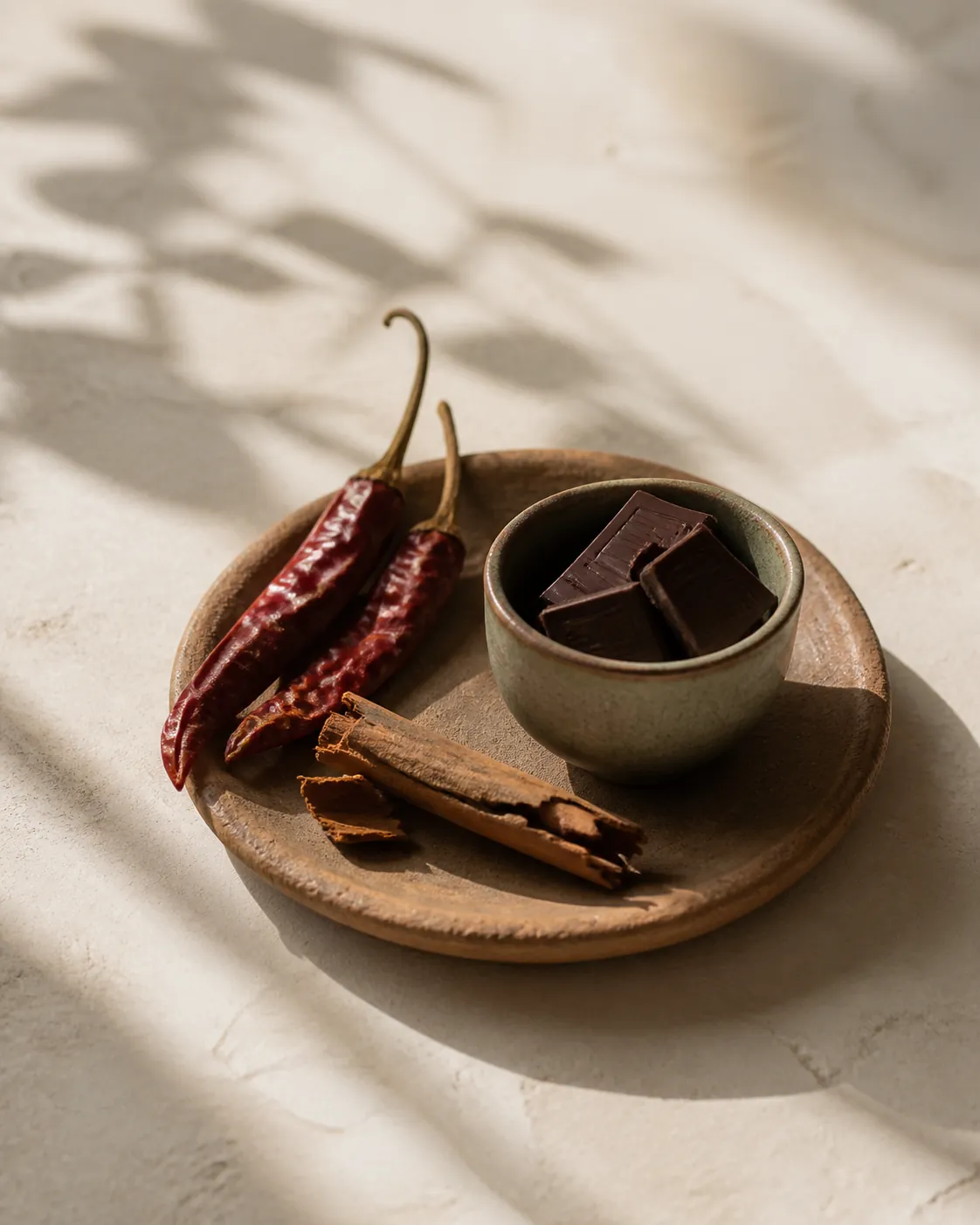 Two dried chillies and a broken cinnamon stick beside a cup of dark chocolate