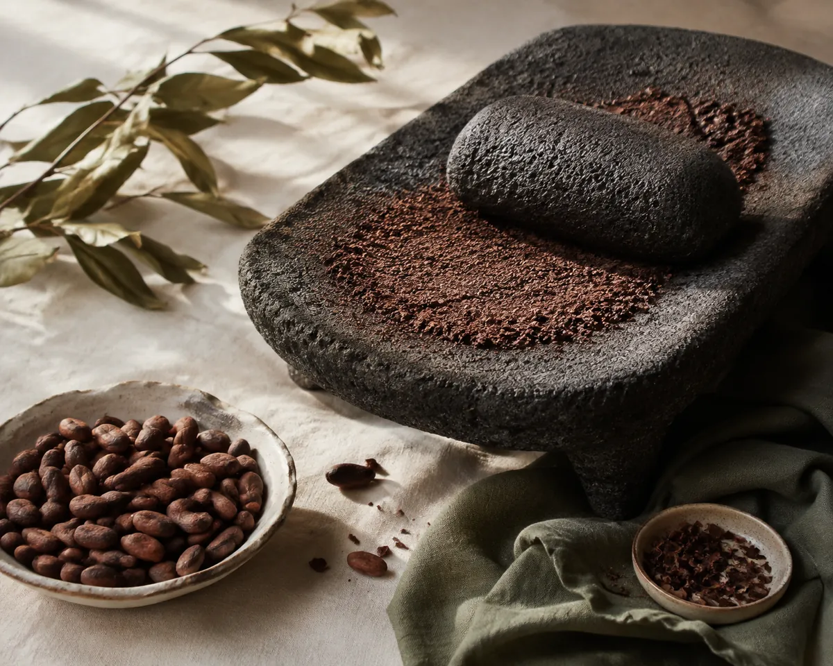 A sloped stone grinding slab with a stone roller resting on it and coarse ground cacao spread across the surface
