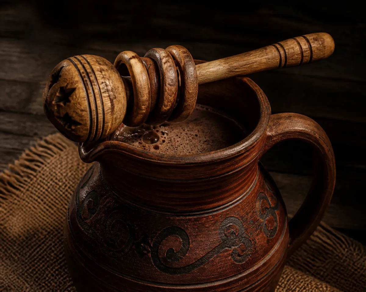 A carved wooden molinillo resting across the rim of a tall clay jug of dark chocolate with foam on the surface