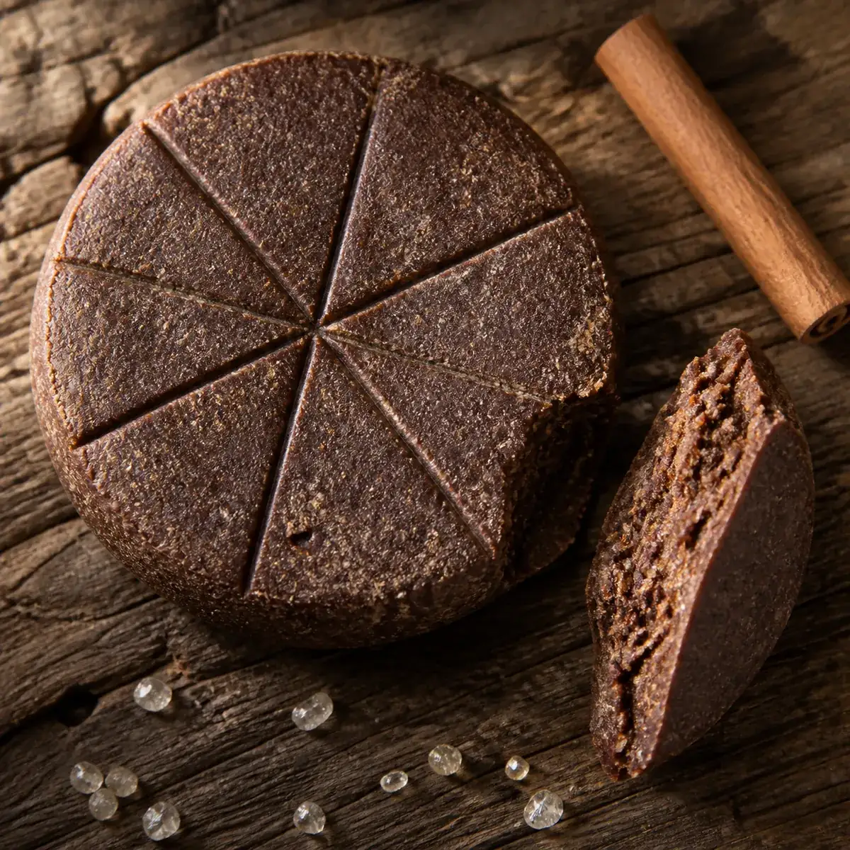 A rough-textured disc of Mexican drinking chocolate broken into segments on a dark clay plate, sugar crystals visible in the break
