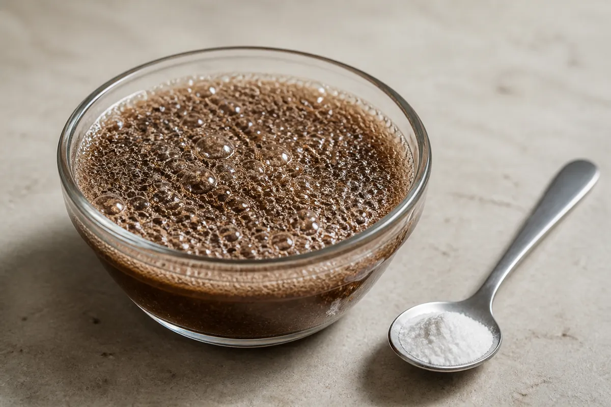 A small glass bowl of dark cocoa liquid fizzing and foaming with fine bubbles rising to the surface, a spoon of white powder beside it